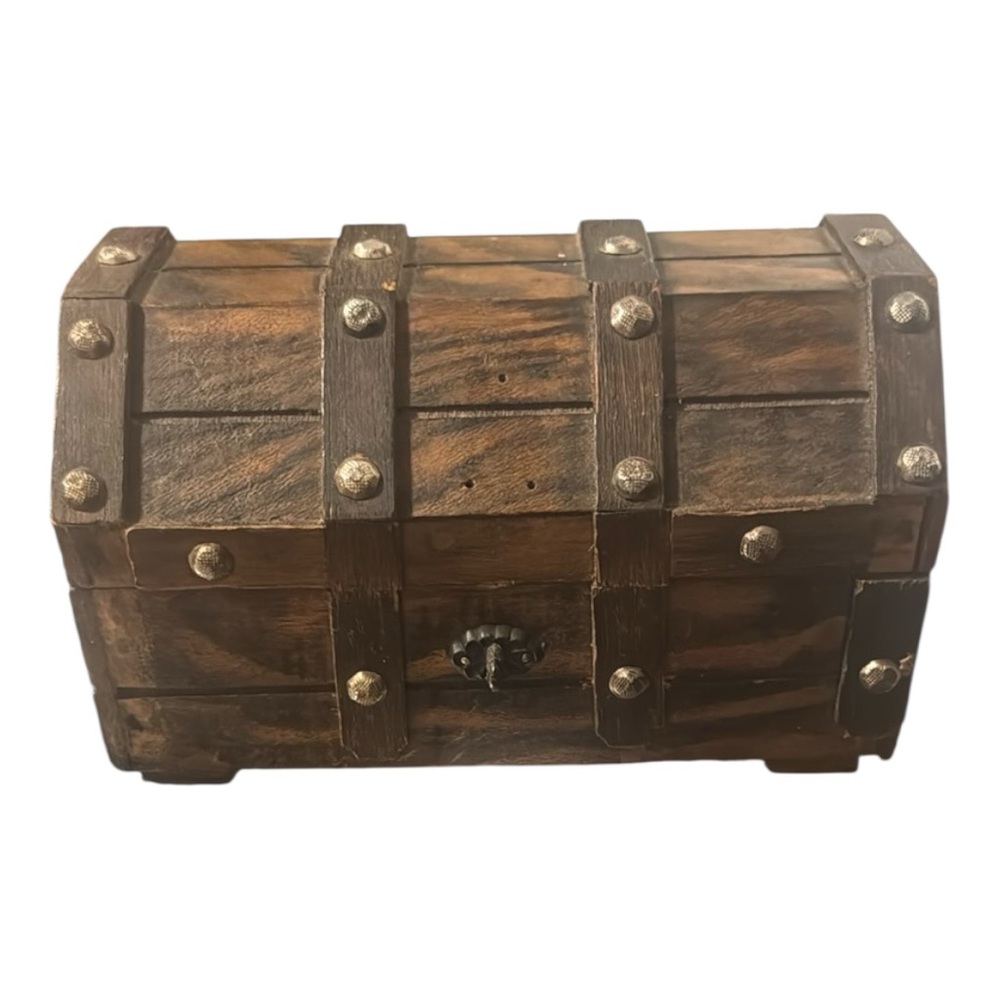 Wooden Treasure Chest Box with Red Suede Interior & Metal Detailing & Chains